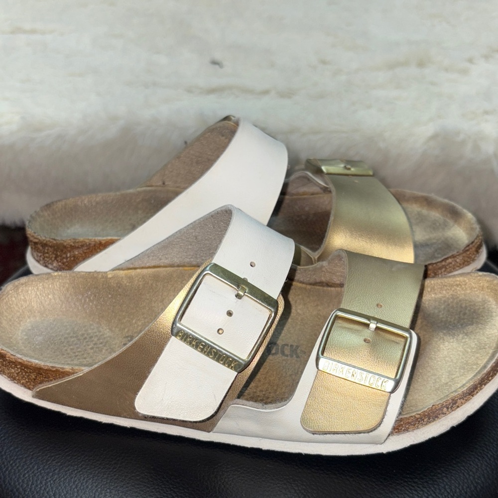 White and Gold Double Strap Sandals - Picture 4 of 10